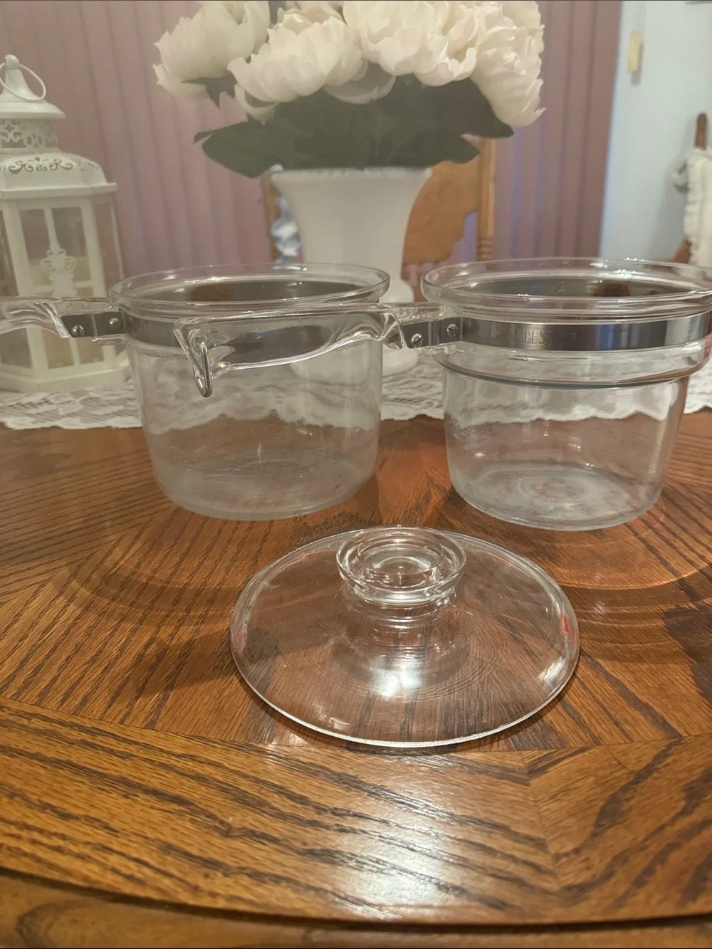 Viintage Pyrex Flameware Clear Glass Double Boiler Saucepan with Lid - Clear